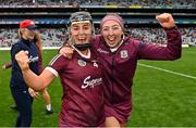 12 September 2021; Galway players Dervla Higgins, left, and Lisa Casserly celebrate after their side's victory in the All-Ireland Senior Camogie Championship Final match between Cork and Galway at Croke Park in Dublin. Photo by Piaras Ó Mídheach/Sportsfile