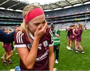 12 September 2021; Galway captain Sarah Dervan celebrates after her side's victory in the All-Ireland Senior Camogie Championship Final match between Cork and Galway at Croke Park in Dublin. Photo by Piaras Ó Mídheach/Sportsfile