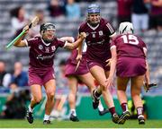 12 September 2021; Aoife Donoghue of Galway, 12, celebrates with team-mates Niamh Hannify, 8, and Ailish O'Reilly celebrate after their side's victory in the All-Ireland Senior Camogie Championship Final match between Cork and Galway at Croke Park in Dublin. Photo by Piaras Ó Mídheach/Sportsfile