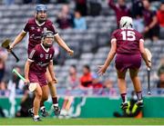 12 September 2021; Galway players Niamh Hannify, 8, Aoife Donoghue, 12, and Ailish O'Reilly celebrate after their side's victory in the All-Ireland Senior Camogie Championship Final match between Cork and Galway at Croke Park in Dublin. Photo by Piaras Ó Mídheach/Sportsfile