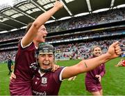 12 September 2021; Galway players Dervla Higgins, right, and Aoife Donoghue celebrate after their side's victory in the All-Ireland Senior Camogie Championship Final match between Cork and Galway at Croke Park in Dublin. Photo by Piaras Ó Mídheach/Sportsfile