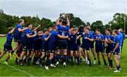 12 September 2021; Leinster captain Stephen Smith and his team-mates celebrate with the Dudley Cup after the PwC U18 Men’s Interprovincial Championship Round 2 match between Leinster and Munster at MU Barnhall in Leixlip, Kildare. Photo by Brendan Moran/Sportsfile