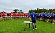 12 September 2021; Leinster captain Stephen Smith speaks to both teams after the PwC U18 Men’s Interprovincial Championship Round 2 match between Leinster and Munster at MU Barnhall in Leixlip, Kildare. Photo by Brendan Moran/Sportsfile