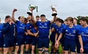 12 September 2021; Leinster captain Stephen Smith and his team-mates celebrate with the Dudley Cup and the Kevin D Kelleher cup after the PwC U18 Men’s Interprovincial Championship Round 2 match between Leinster and Munster at MU Barnhall in Leixlip, Kildare. Photo by Brendan Moran/Sportsfile