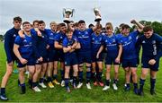 12 September 2021; The Leinster team celebrate with the Dudley Cup and the Kevin D Kelleher cup after the PwC U18 Men’s Interprovincial Championship Round 2 match between Leinster and Munster at MU Barnhall in Leixlip, Kildare. Photo by Brendan Moran/Sportsfile