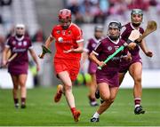 12 September 2021; Katrina Mackey of Cork in action against Aoife Donoghue of Galway during the All-Ireland Senior Camogie Championship Final match between Cork and Galway at Croke Park in Dublin. Photo by Piaras Ó Mídheach/Sportsfile