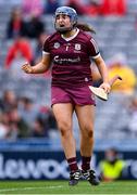 12 September 2021; Galway goalkeeper Sarah Healy celebrates a score during the All-Ireland Senior Camogie Championship Final match between Cork and Galway at Croke Park in Dublin. Photo by Piaras Ó Mídheach/Sportsfile