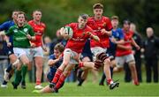 12 September 2021; Jake O’Riordan of Munster is tackled by Jules Fenelon of Leinster during the PwC U18 Men’s Interprovincial Championship Round 2 match between Leinster and Munster at MU Barnhall in Leixlip, Kildare. Photo by Brendan Moran/Sportsfile