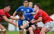 12 September 2021; Richard Whelan of Leinster is tackled by Matthew O’Callaghan of Munster during the PwC U18 Men’s Interprovincial Championship Round 2 match between Leinster and Munster at MU Barnhall in Leixlip, Kildare. Photo by Brendan Moran/Sportsfile