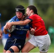 11 September 2021; Leah Tarpey of Leinster is tackled by Ellen Cournane of Munster during the PwC U18 Women’s Interprovincial Championship Round 3 match between Leinster and Munster at MU Barnhall in Leixlip, Kildare. Photo by Michael P Ryan/Sportsfile