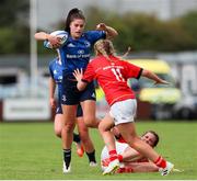 11 September 2021; Victoria Elmes-Kinlan of Leinster in action against Aisling Stock of Munster during the PwC U18 Women’s Interprovincial Championship Round 3 match between Leinster and Munster at MU Barnhall in Leixlip, Kildare. Photo by Michael P Ryan/Sportsfile