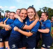 11 September 2021; Leinster players Alanna Fitzpatrick, left, and Hannah Wilson celebrate after the PwC U18 Women’s Interprovincial Championship Round 3 match between Leinster and Munster at MU Barnhall in Leixlip, Kildare. Photo by Michael P Ryan/Sportsfile