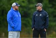 12 September 2021; Leinster head coach Andy Skehan, left, and assistant coach Brett Igoe before the PwC U18 Men’s Interprovincial Championship Round 2 match between Leinster and Munster at MU Barnhall in Leixlip, Kildare. Photo by Brendan Moran/Sportsfile