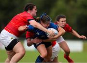 11 September 2021; Katie Whelan of Leinster in action against Shauna Maher of Munster during the PwC U18 Women’s Interprovincial Championship Round 3 match between Leinster and Munster at MU Barnhall in Leixlip, Kildare. Photo by Michael P Ryan/Sportsfile