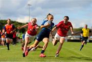 11 September 2021; Emma Tilly of Leinster on her way to scoring her sides first try during the PwC U18 Women’s Interprovincial Championship Round 3 match between Leinster and Munster at MU Barnhall in Leixlip, Kildare. Photo by Michael P Ryan/Sportsfile