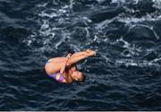 12 September 2021; Rhiannan Iffland of Australia during round four of the Red Bull Cliff Diving World Series at Downpatrick Head in Mayo. Photo by Ramsey Cardy/Sportsfile