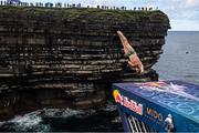 12 September 2021; Steven LoBue of USA during round four of the Red Bull Cliff Diving World Series at Downpatrick Head in Mayo. Photo by Ramsey Cardy/Sportsfile