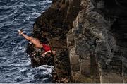 12 September 2021; Jessica Macaulay of Canada during round four of the Red Bull Cliff Diving World Series at Downpatrick Head in Mayo. Photo by Ramsey Cardy/Sportsfile