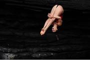 12 September 2021; Jessica Macaulay of Canada during round four of the Red Bull Cliff Diving World Series at Downpatrick Head in Mayo. Photo by Ramsey Cardy/Sportsfile