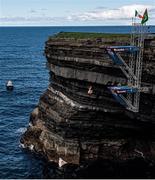 12 September 2021; Aidan Heslop of Great Britain during round four of the Red Bull Cliff Diving World Series at Downpatrick Head in Mayo. Photo by Ramsey Cardy/Sportsfile