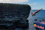 12 September 2021; Andy Jones of USA during round four of the Red Bull Cliff Diving World Series at Downpatrick Head in Mayo. Photo by Ramsey Cardy/Sportsfile