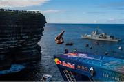 12 September 2021; Michael Navratil of Czech Republic during round four of the Red Bull Cliff Diving World Series at Downpatrick Head in Mayo. Photo by Ramsey Cardy/Sportsfile