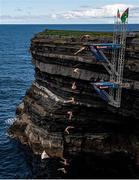 12 September 2021; (Editors Note: Composite image sequence complied in Photoshop) Aidan Heslop of Great Britain during round four of the Red Bull Cliff Diving World Series at Downpatrick Head in Mayo. Photo by Ramsey Cardy/Sportsfile