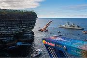 12 September 2021; Gary Hunt of France during round four of the Red Bull Cliff Diving World Series at Downpatrick Head in Mayo. Photo by Ramsey Cardy/Sportsfile