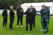 13 September 2021; Umpires Paul Reynolds, second left, and Alan Neill, centre, with, from right, Ireland head coach Graham Ford, Ireland captain Andrew Balbirnie, match referee and Zimbabwe captain Craig Ervine following an inspection before match three of the Dafanews International Cup ODI series between Ireland and Zimbabwe at Stormont in Belfast. Photo by Seb Daly/Sportsfile