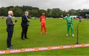 13 September 2021; Ireland captain Andrew Balbirnie, right, Zimbabwe captain Craig Ervine, match referee Kevin Gallagher and presenter Alan Lewis during the coin toss before match three of the Dafanews International Cup ODI series between Ireland and Zimbabwe at Stormont in Belfast. Photo by Seb Daly/Sportsfile