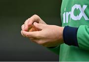 13 September 2021; Ireland captain Andrew Balbirnie holds the coin before the coin toss of match three of the Dafanews International Cup ODI series between Ireland and Zimbabwe at Stormont in Belfast. Photo by Seb Daly/Sportsfile