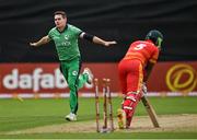 13 September 2021; Josh Little of Ireland celebrates after bowling Zimbabwe's Regis Chakabva during match three of the Dafanews International Cup ODI series between Ireland and Zimbabwe at Stormont in Belfast. Photo by Seb Daly/Sportsfile