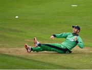 13 September 2021; Andrew Balbirnie of Ireland fields the ball, resulting in the run-out of Zimbabwe's Sikandar Raza, during match three of the Dafanews International Cup ODI series between Ireland and Zimbabwe at Stormont in Belfast. Photo by Seb Daly/Sportsfile