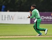13 September 2021; Simi Singh of Ireland celebrates bowling Zimbabwe's Richard Ngarava during match three of the Dafanews International Cup ODI series between Ireland and Zimbabwe at Stormont in Belfast. Photo by Seb Daly/Sportsfile