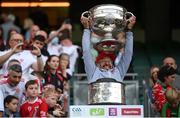 11 September 2021; Tyrone masseur Stephen Rice lifts the Sam Maguire Cup following the GAA Football All-Ireland Senior Championship Final match between Mayo and Tyrone at Croke Park in Dublin. Photo by Stephen McCarthy/Sportsfile