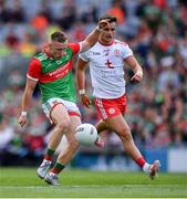 11 September 2021; Ryan O'Donoghue of Mayo in action against Michael McKernan of Tyrone during the GAA Football All-Ireland Senior Championship Final match between Mayo and Tyrone at Croke Park in Dublin. Photo by Ray McManus/Sportsfile