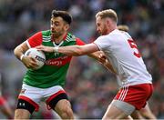 11 September 2021; Kevin McLoughlin of Mayo is tackled by Frank Burns of Tyrone during the GAA Football All-Ireland Senior Championship Final match between Mayo and Tyrone at Croke Park in Dublin. Photo by Ray McManus/Sportsfile