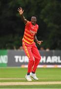 13 September 2021; Blessing Muzarabani of Zimbabwe appeals for a wicket during match three of the Dafanews International Cup ODI series between Ireland and Zimbabwe at Stormont in Belfast. Photo by Seb Daly/Sportsfile