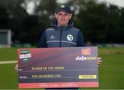 13 September 2021; William Porterfield of Ireland with his Player of the Series cheque after match three of the Dafanews International Cup ODI series between Ireland and Zimbabwe at Stormont in Belfast. Photo by Seb Daly/Sportsfile