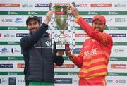 13 September 2021; Team captain Andrew Balbirnie of Ireland and Craig Ervine of Zimbabwe with the Dafanews International Cup after match three of the drawn Dafanews International Cup ODI series between Ireland and Zimbabwe at Stormont in Belfast. Photo by Seb Daly/Sportsfile