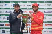 13 September 2021; Team captain Andrew Balbirnie of Ireland and Craig Ervine of Zimbabwe with the Dafanews International Cup after match three of the drawn Dafanews International Cup ODI series between Ireland and Zimbabwe at Stormont in Belfast. Photo by Seb Daly/Sportsfile