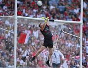 11 September 2021; Mayo goalkeeper Rob Hennelly watches the ball go over the bar for a Tyrone point during the GAA Football All-Ireland Senior Championship Final match between Mayo and Tyrone at Croke Park in Dublin. Photo by Piaras Ó Mídheach/Sportsfile