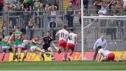 11 September 2021; Bryan Walsh of Mayo has his shot saved by Tyrone goalkeeper Niall Morgan during the GAA Football All-Ireland Senior Championship Final match between Mayo and Tyrone at Croke Park in Dublin. Photo by Piaras Ó Mídheach/Sportsfile