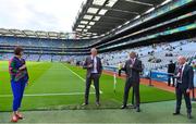 11 September 2021; Sky Sports GAA analysts, from left, Kieran Donaghy, Jim McGuinness and Peter Canavan are interviewed pitchside by presenter Gráinne McElwain before the GAA Football All-Ireland Senior Championship Final match between Mayo and Tyrone at Croke Park in Dublin. Photo by Brendan Moran/Sportsfile
