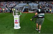 11 September 2021; A TV steadicam films the Sam Maguire Cup before the teams emerge from the tunnel prior to the GAA Football All-Ireland Senior Championship Final match between Mayo and Tyrone at Croke Park in Dublin. Photo by Brendan Moran/Sportsfile
