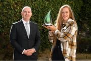 14 September 2021; Clíodhna Ní Shé of Carlow is presented with The Croke Park/LGFA Player of the Month award for August by Alan Smullen, General Manager, The Croke Park, at The Croke Park in Jones Road, Dublin. Photo by Matt Browne/Sportsfile