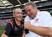 11 September 2021; Tyrone joint-manager Brian Dooher, left, celebrates with Tyrone GAA chairman Michael Kerr after their side's victory in GAA Football All-Ireland Senior Championship Final match between Mayo and Tyrone at Croke Park in Dublin. Photo by Piaras Ó Mídheach/Sportsfile