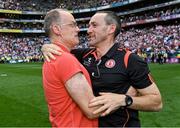 11 September 2021; Tyrone joint-manager Brian Dooher, right, celebrates with Tyrone team doctor Michael Logan after their side's victory in the GAA Football All-Ireland Senior Championship Final match between Mayo and Tyrone at Croke Park in Dublin. Photo by Piaras Ó Mídheach/Sportsfile