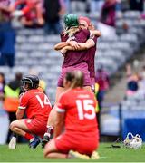 12 September 2021; Galway players Emma Helebert and Sarah Dervan, behind, celebrate after their side's victory in the All-Ireland Senior Camogie Championship Final match between Cork and Galway at Croke Park in Dublin. Photo by Piaras Ó Mídheach/Sportsfile
