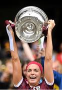 12 September 2021; Galway captain Sarah Dervan lifts the O'Duffy Cup after the All-Ireland Senior Camogie Championship Final match between Cork and Galway at Croke Park in Dublin. Photo by Piaras Ó Mídheach/Sportsfile